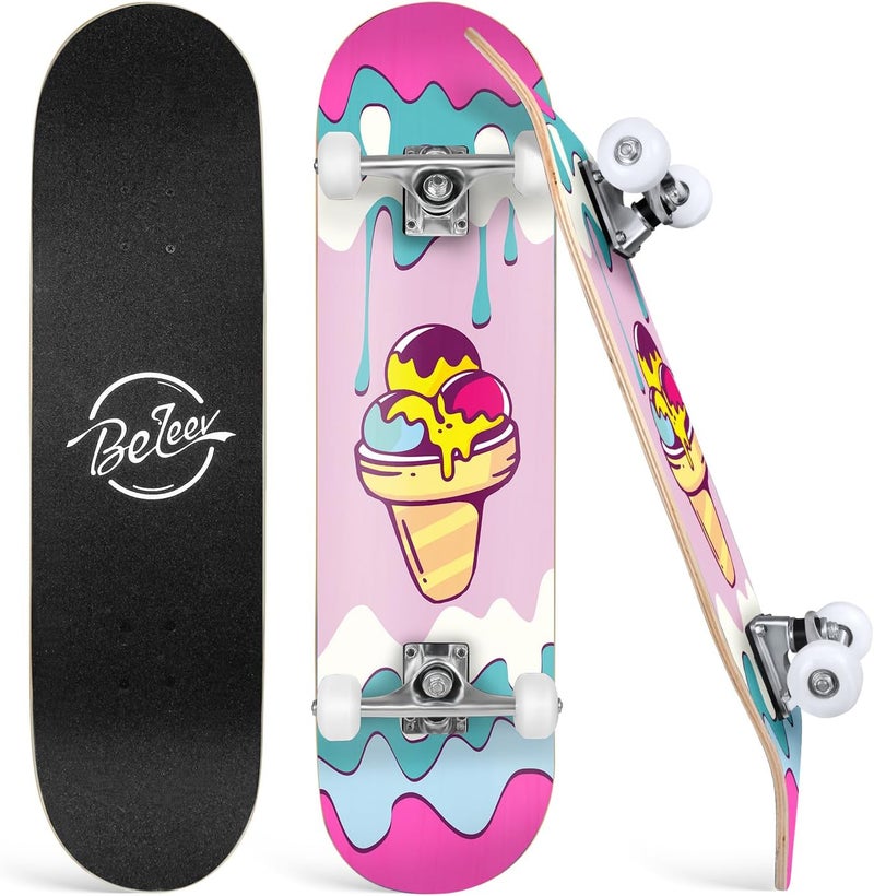 BELEEV Skateboards for Beginners, 31 x 8 inch Complete Skateboard for Kids Teens Adults, 7 Layer Canadian Maple Double Kick Deck Concave Cruiser Trick Skateboard with Multifunction Skate T-Tool - Image 1